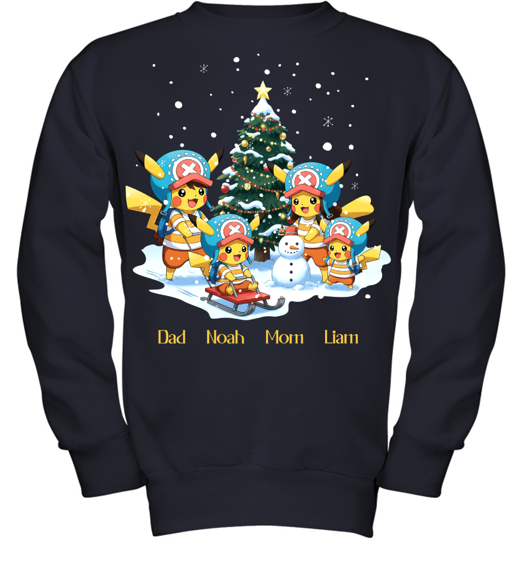 Pikachu x Chopper Parents & Sons Custom Name Christmas T-Shirt for Family