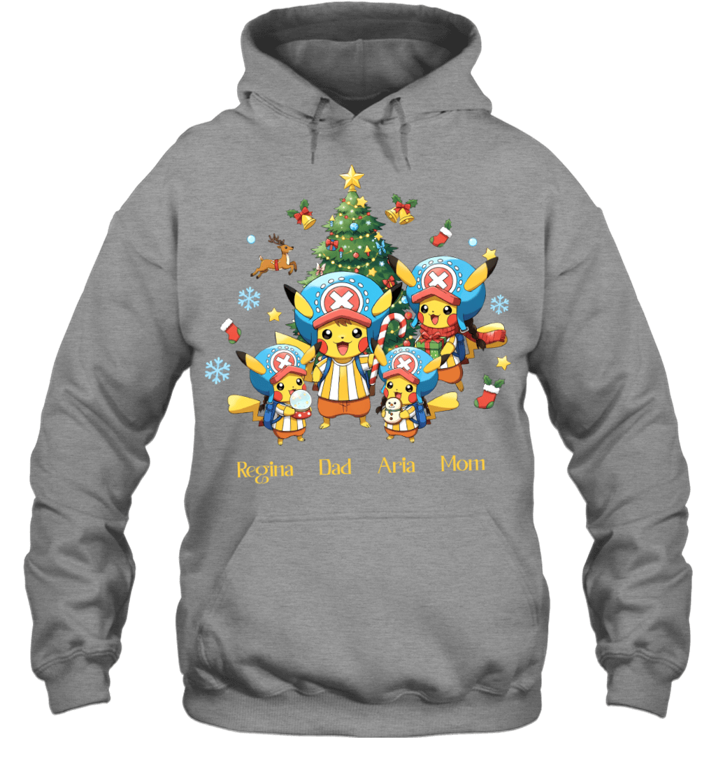 Pikachu x Chopper Parents & Daughters Custom Name Christmas T-Shirt for Family