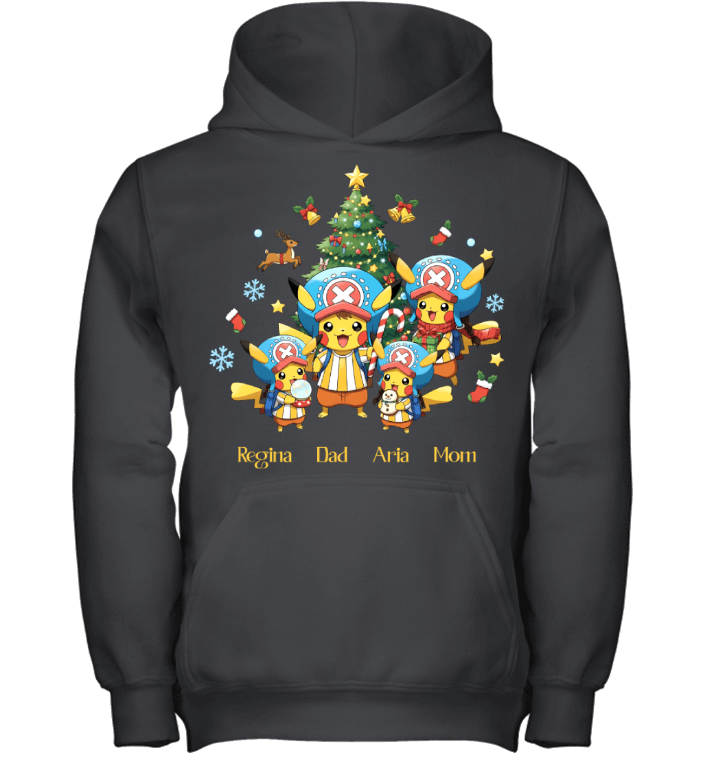 Pikachu x Chopper Parents & Daughters Custom Name Christmas T-Shirt for Family