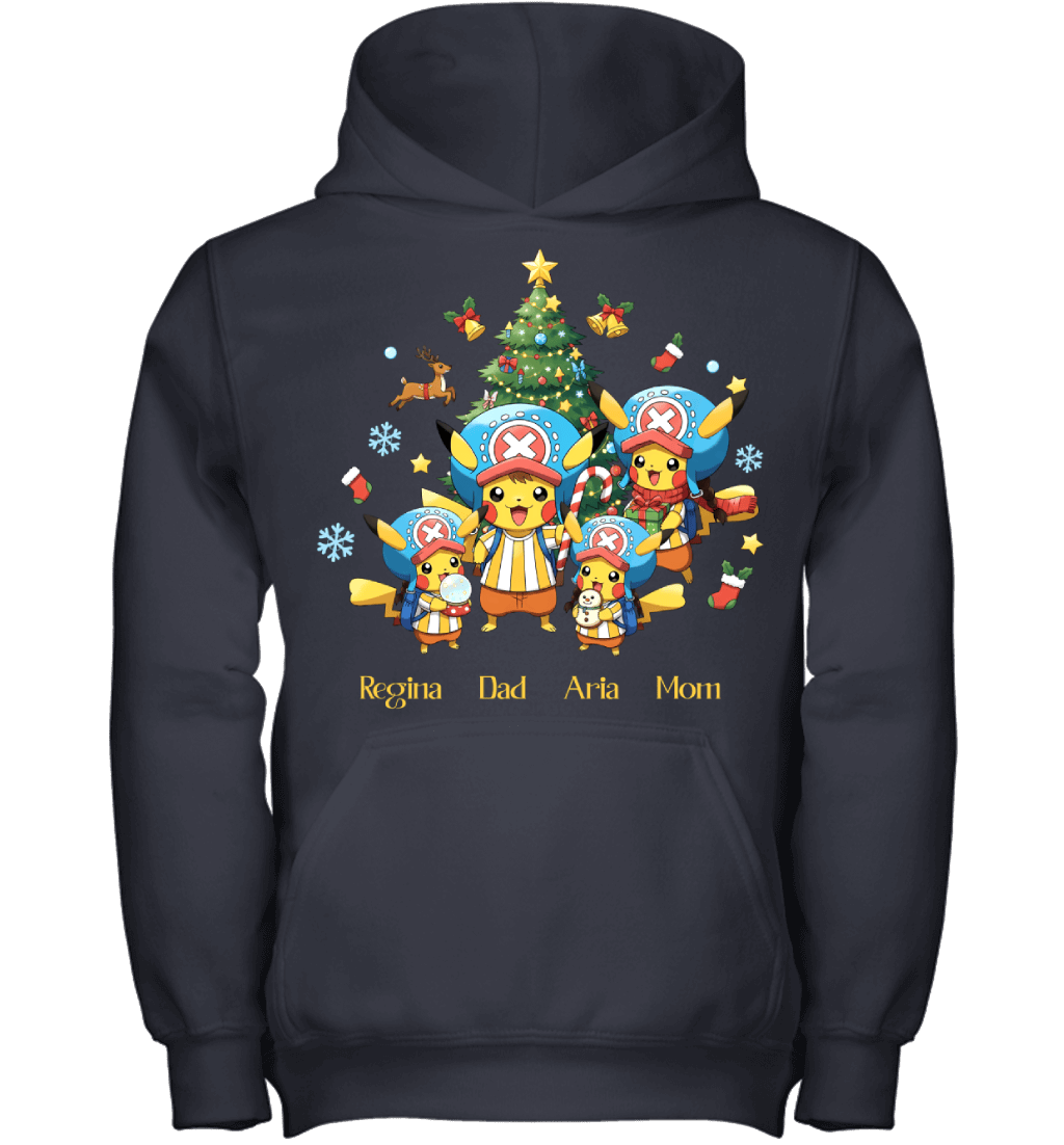 Pikachu x Chopper Parents & Daughters Custom Name Christmas T-Shirt for Family