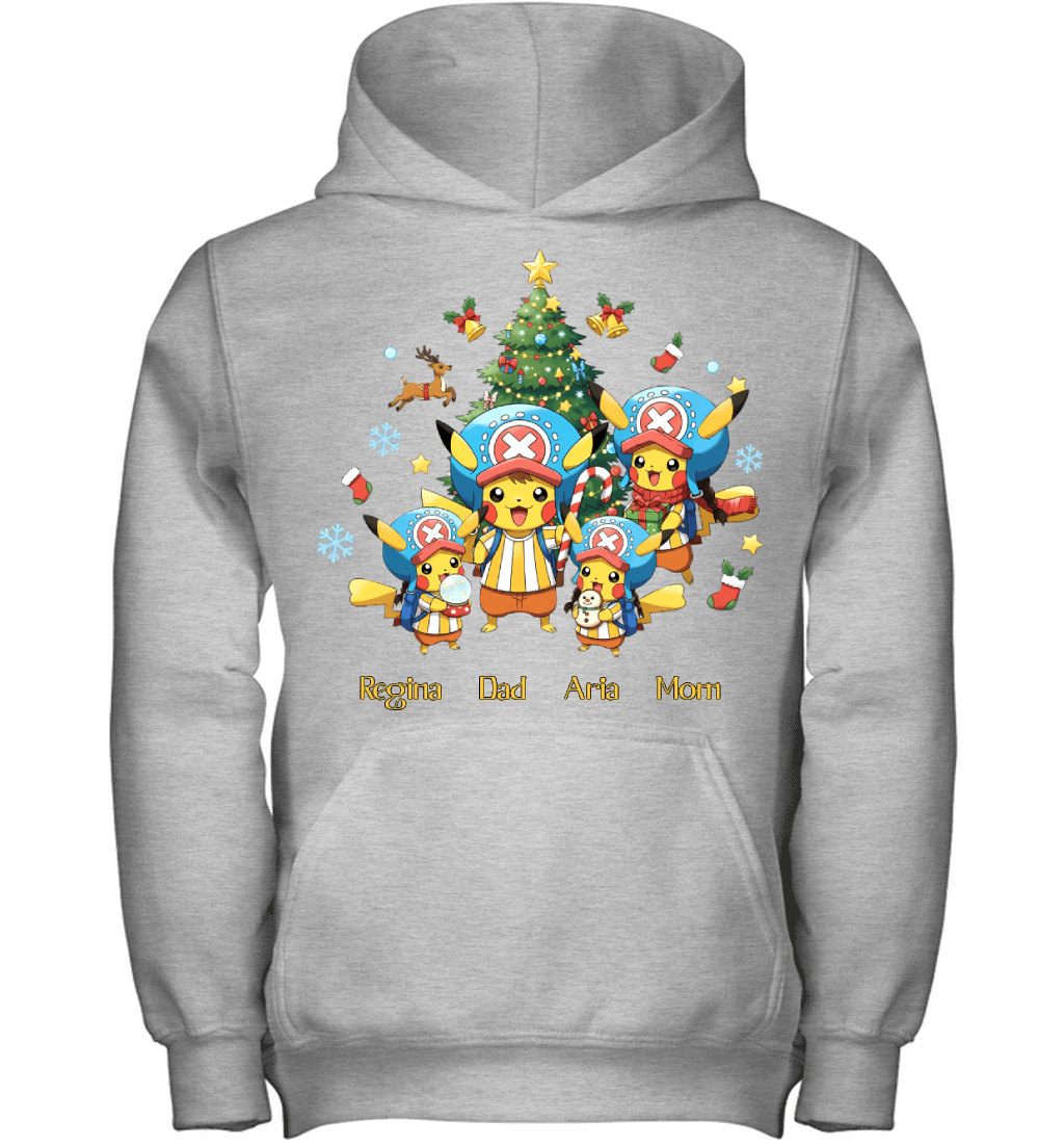 Pikachu x Chopper Parents & Daughters Custom Name Christmas T-Shirt for Family