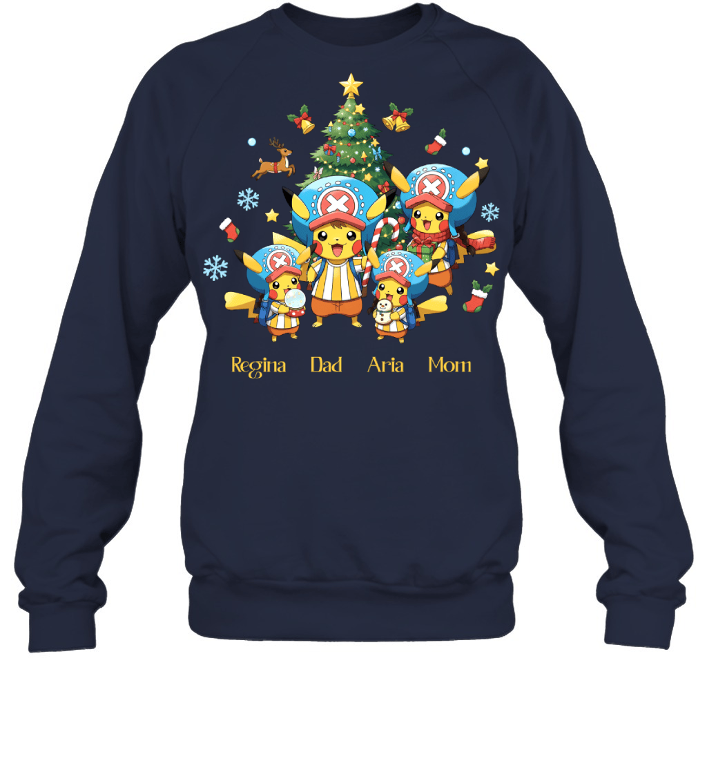 Pikachu x Chopper Parents & Daughters Custom Name Christmas T-Shirt for Family