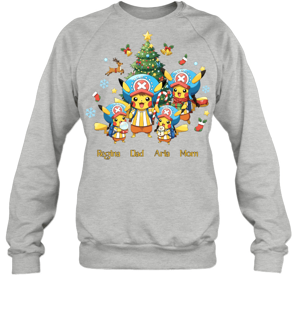 Pikachu x Chopper Parents & Daughters Custom Name Christmas T-Shirt for Family