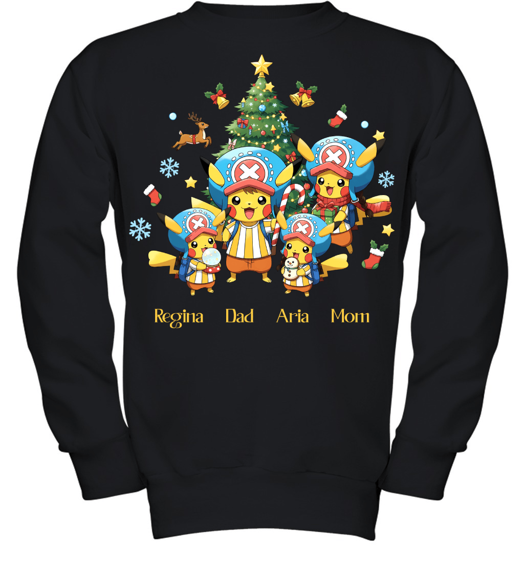 Pikachu x Chopper Parents & Daughters Custom Name Christmas T-Shirt for Family