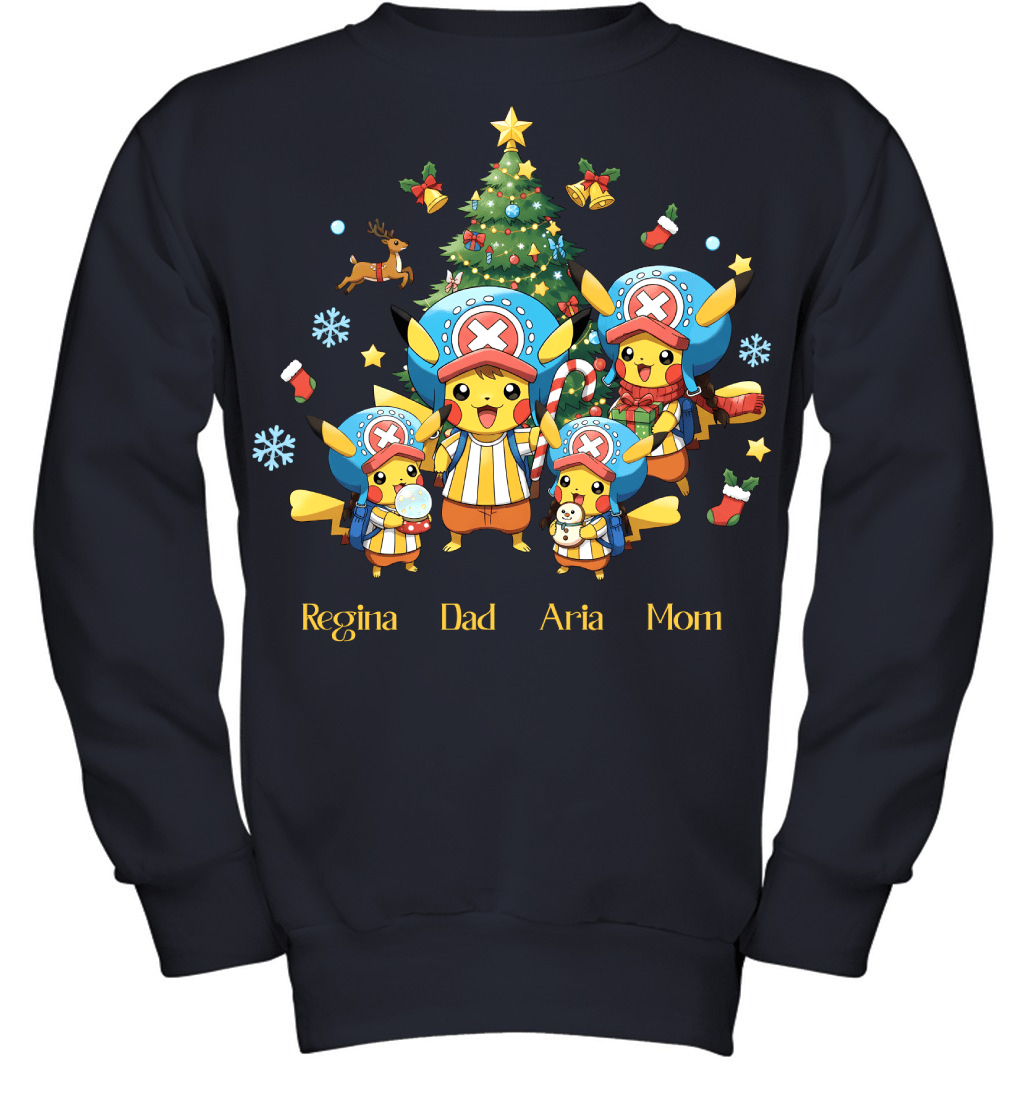 Pikachu x Chopper Parents & Daughters Custom Name Christmas T-Shirt for Family