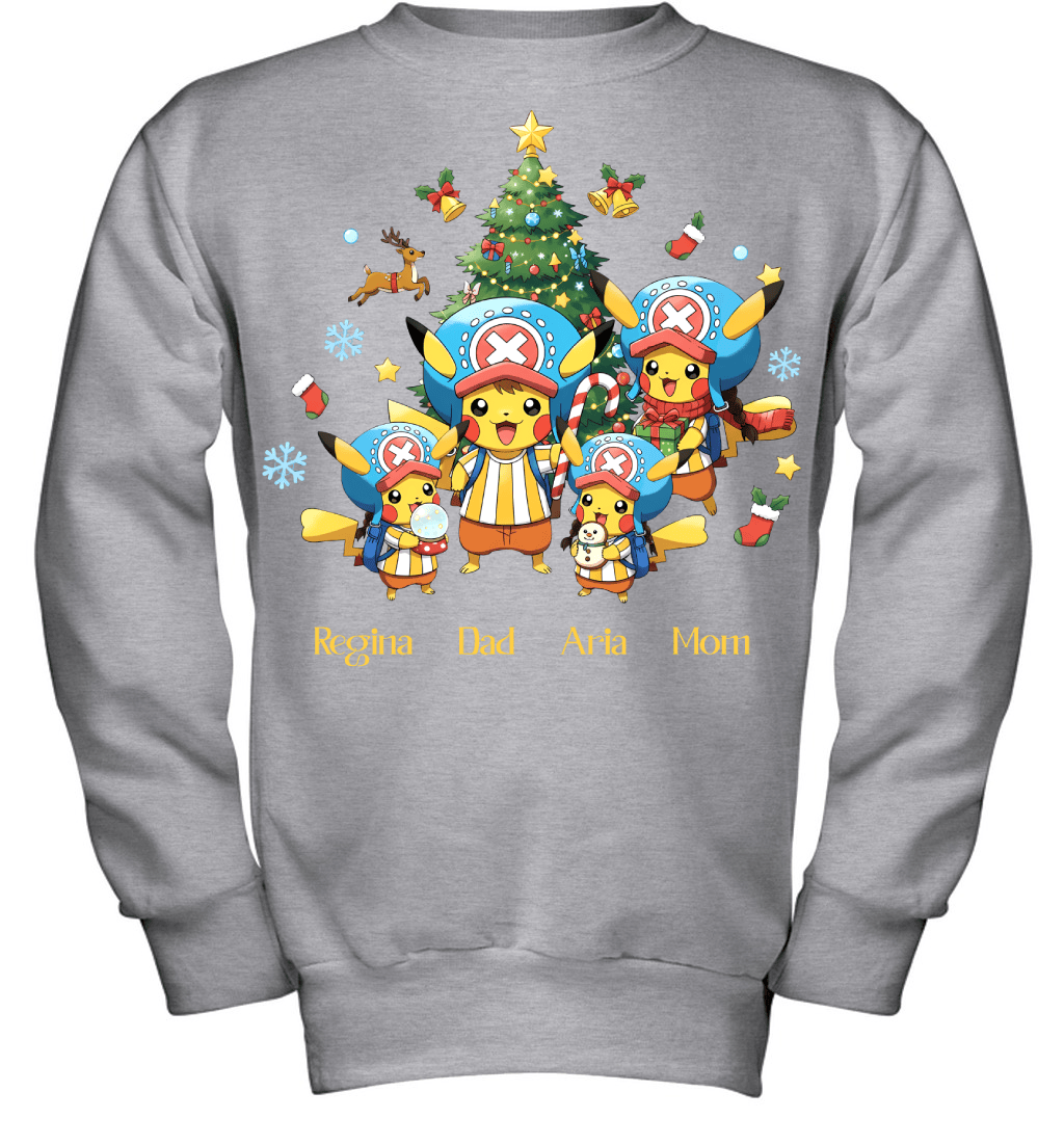 Pikachu x Chopper Parents & Daughters Custom Name Christmas T-Shirt for Family