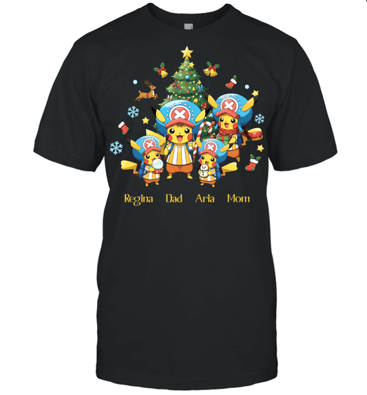 Pikachu x Chopper Parents & Daughters Custom Name Christmas T-Shirt for Family