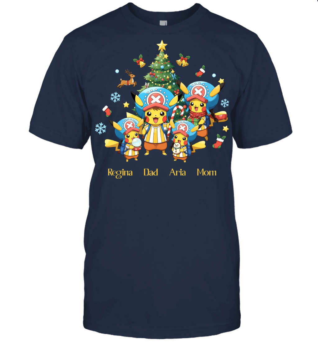 Pikachu x Chopper Parents & Daughters Custom Name Christmas T-Shirt for Family
