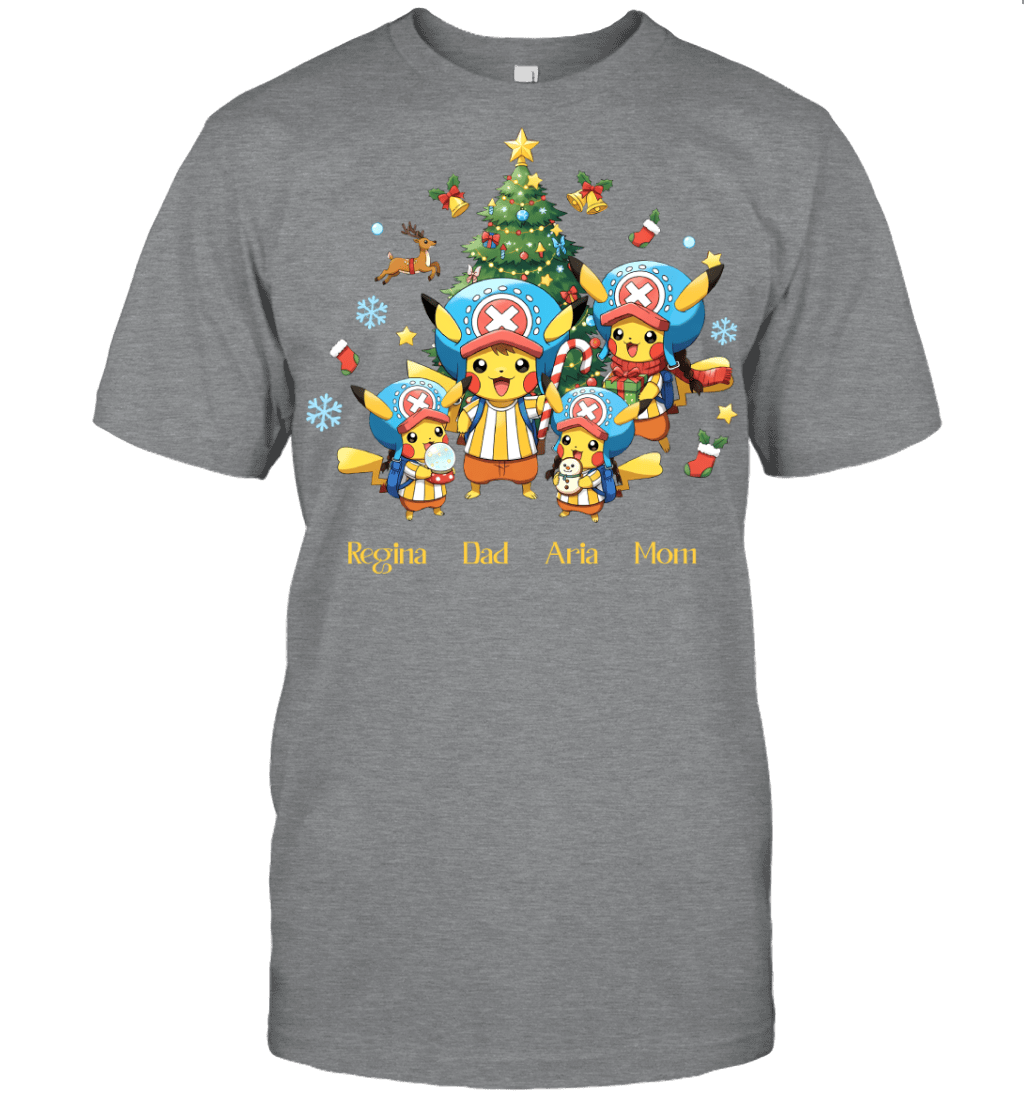 Pikachu x Chopper Parents & Daughters Custom Name Christmas T-Shirt for Family