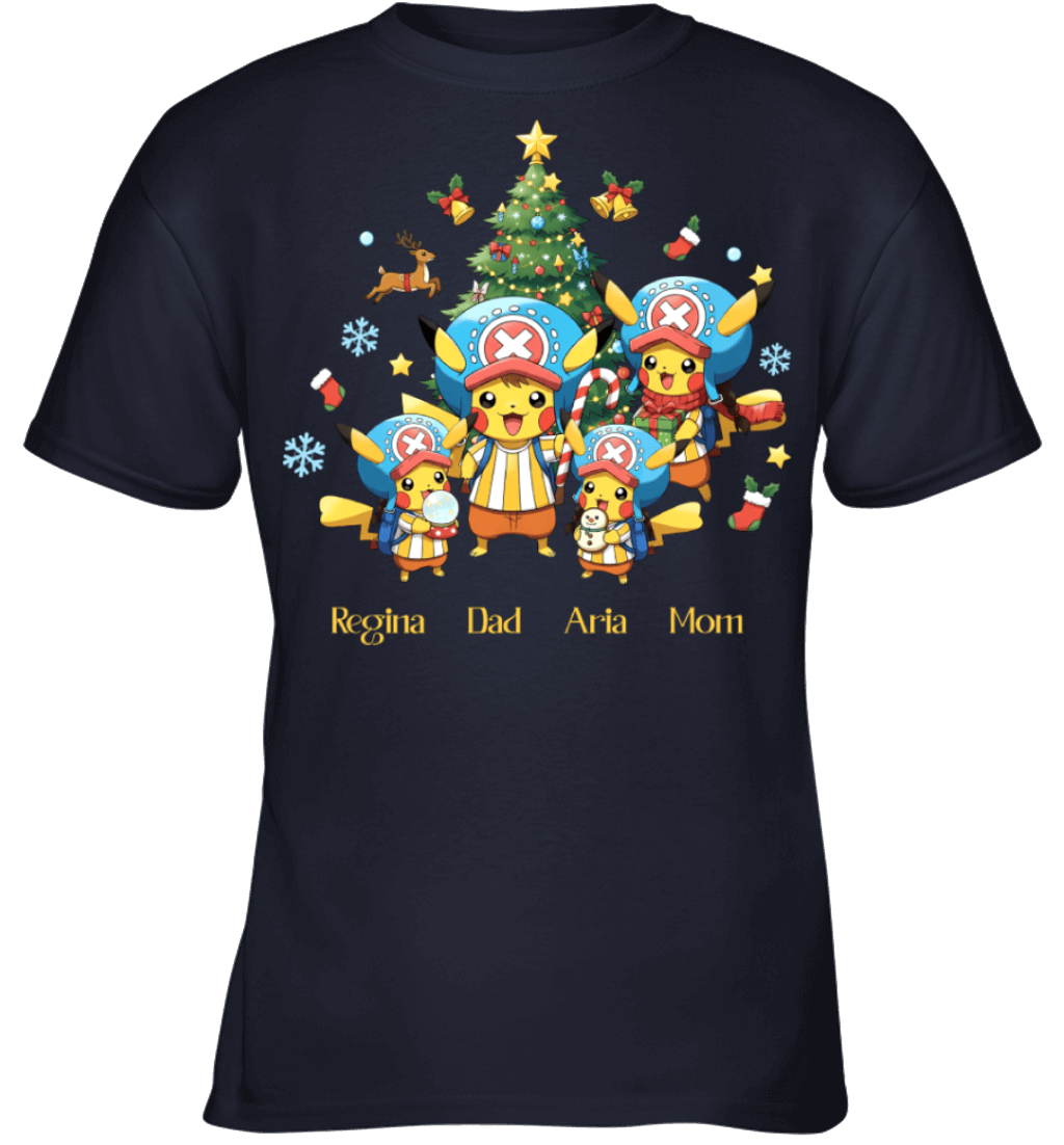 Pikachu x Chopper Parents & Daughters Custom Name Christmas T-Shirt for Family