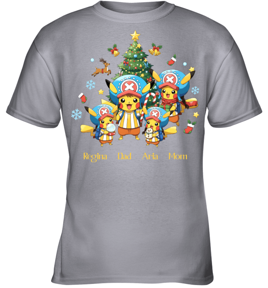 Pikachu x Chopper Parents & Daughters Custom Name Christmas T-Shirt for Family