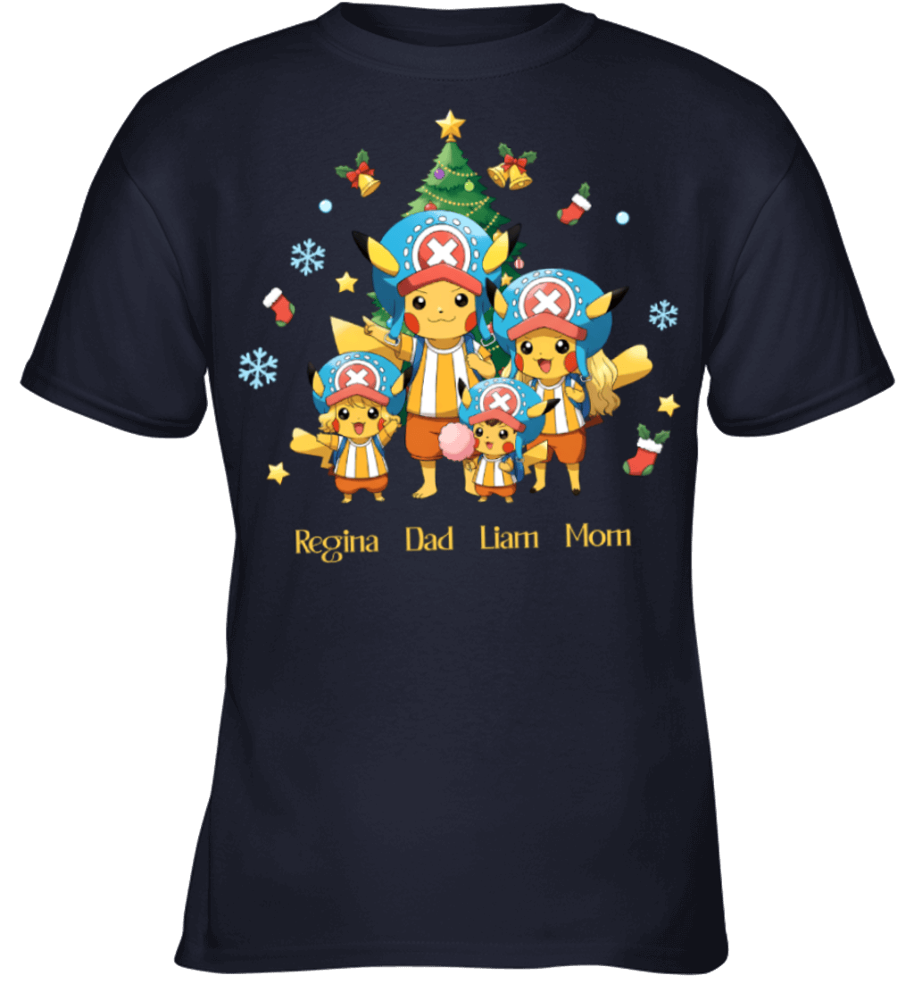Pikachu x Chopper Parents & Kids Custom Name Christmas T-Shirt for Family