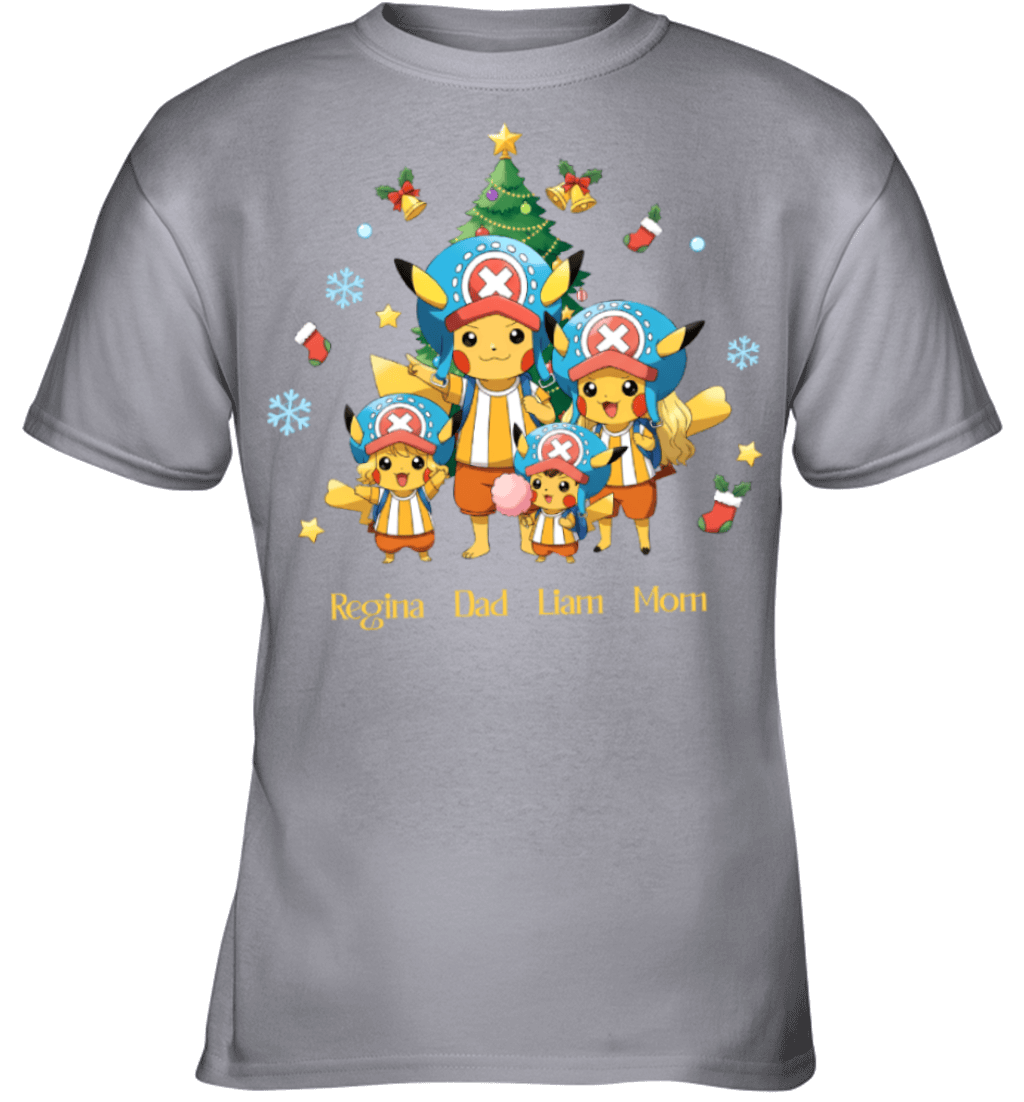 Pikachu x Chopper Parents & Kids Custom Name Christmas T-Shirt for Family