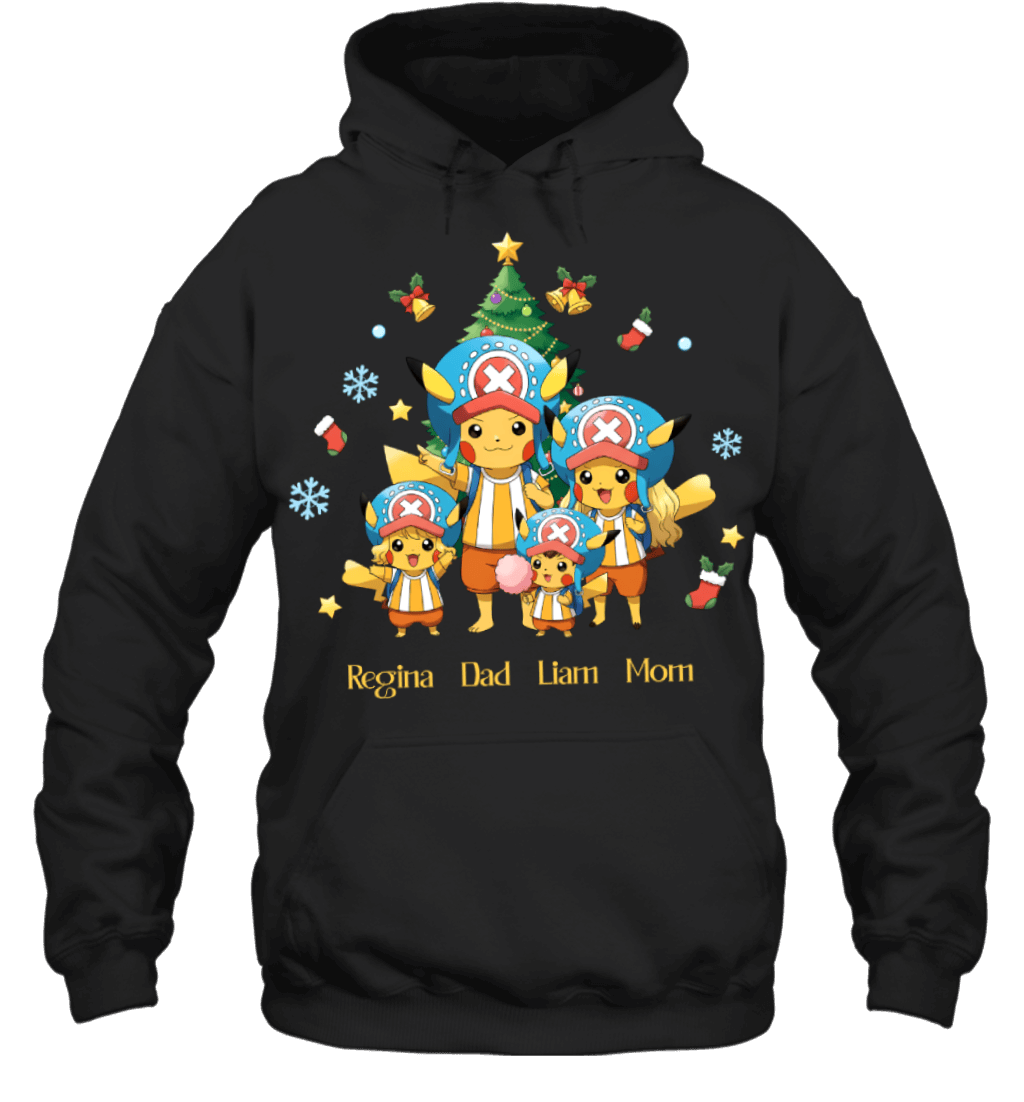 Pikachu x Chopper Parents & Kids Custom Name Christmas T-Shirt for Family