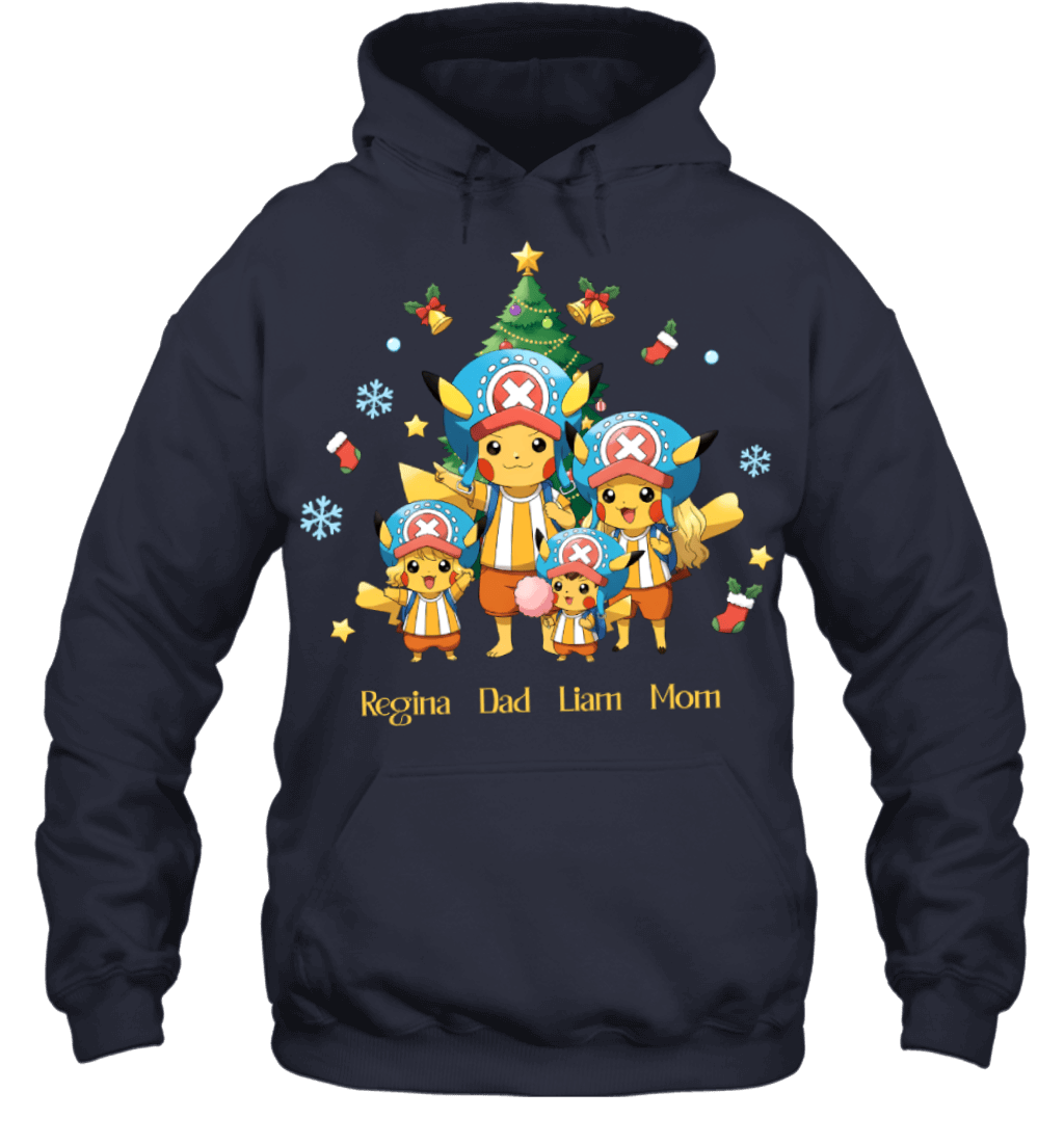 Pikachu x Chopper Parents & Kids Custom Name Christmas T-Shirt for Family