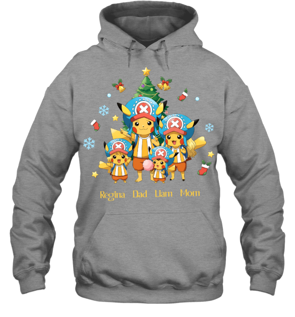 Pikachu x Chopper Parents & Kids Custom Name Christmas T-Shirt for Family