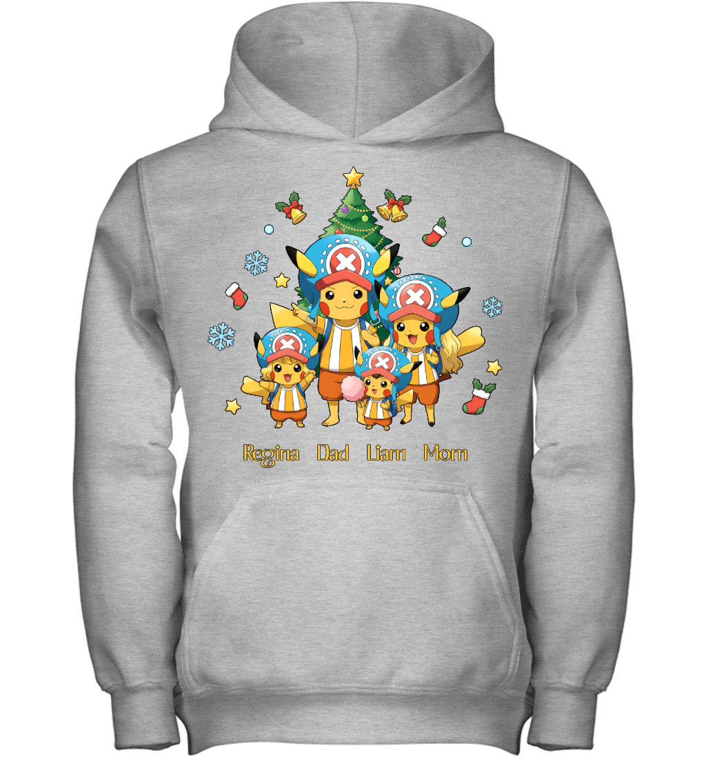 Pikachu x Chopper Parents & Kids Custom Name Christmas T-Shirt for Family