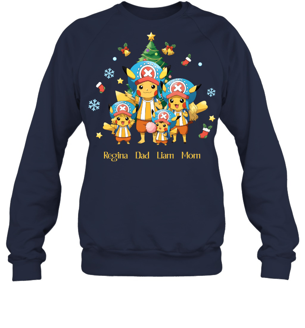 Pikachu x Chopper Parents & Kids Custom Name Christmas T-Shirt for Family