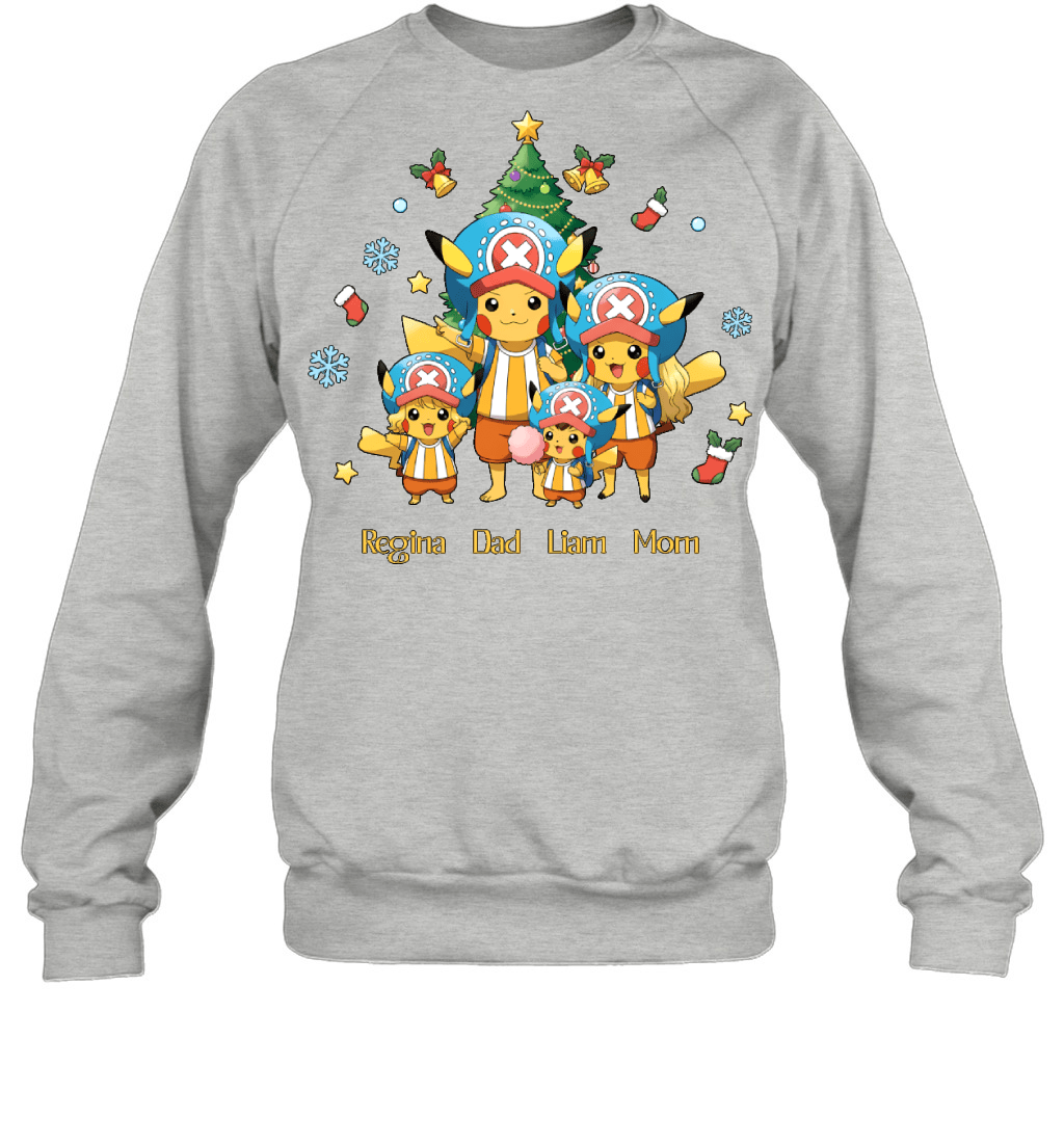 Pikachu x Chopper Parents & Kids Custom Name Christmas T-Shirt for Family