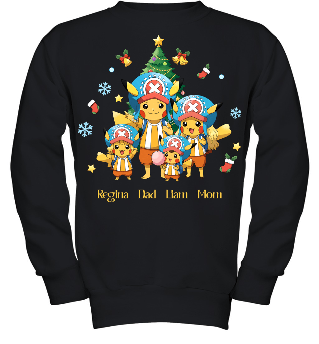 Pikachu x Chopper Parents & Kids Custom Name Christmas T-Shirt for Family