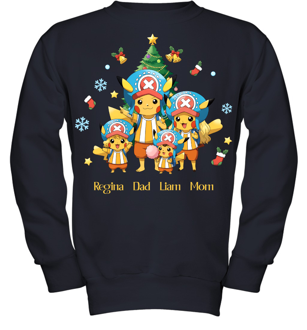 Pikachu x Chopper Parents & Kids Custom Name Christmas T-Shirt for Family