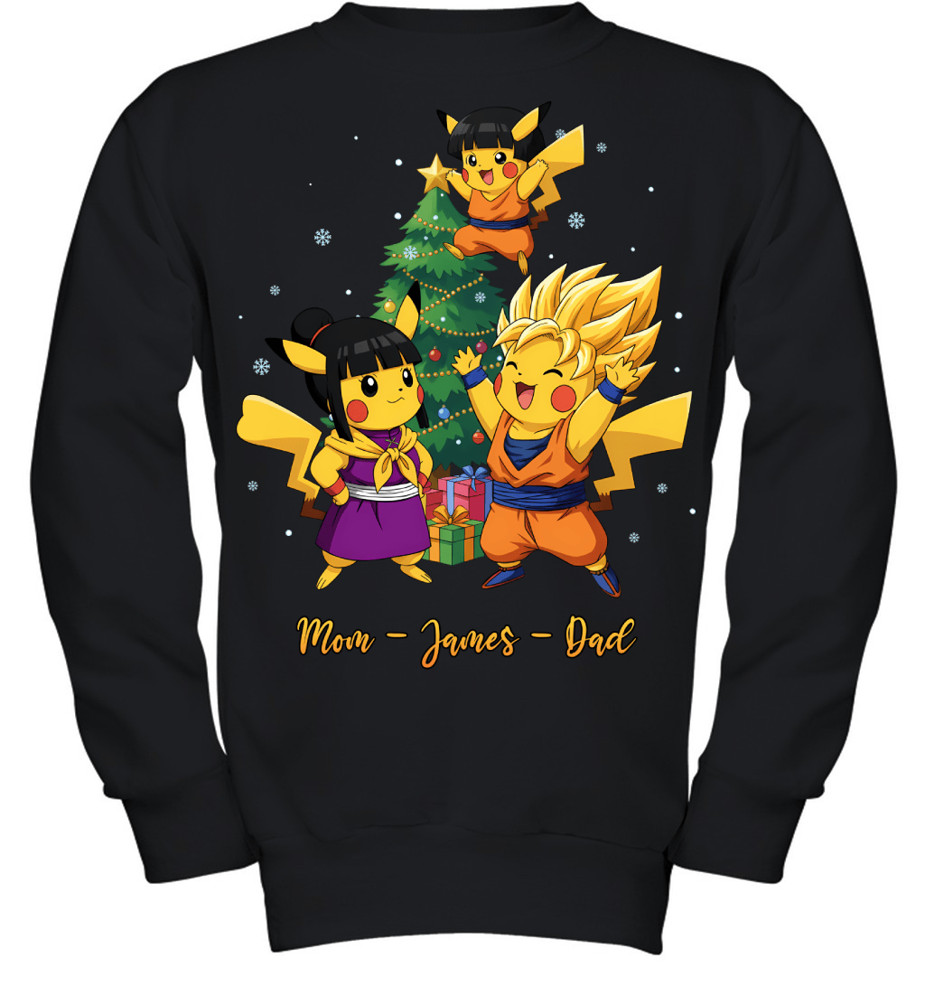 Pikachu x Son Goku Parents & Son Custom Name Christmas T-Shirt for Family