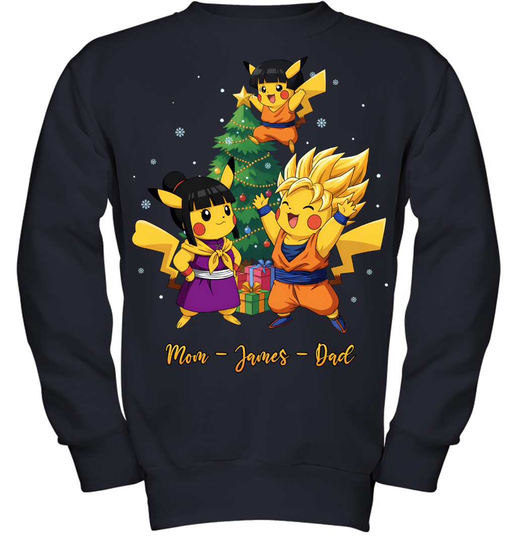 Pikachu x Son Goku Parents & Son Custom Name Christmas T-Shirt for Family
