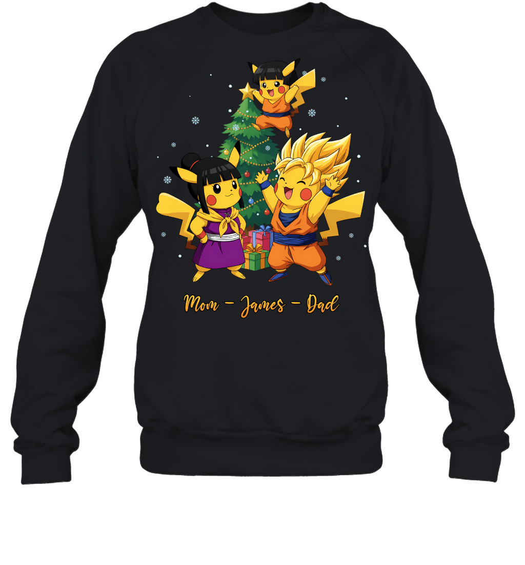Pikachu x Son Goku Parents & Son Custom Name Christmas T-Shirt for Family