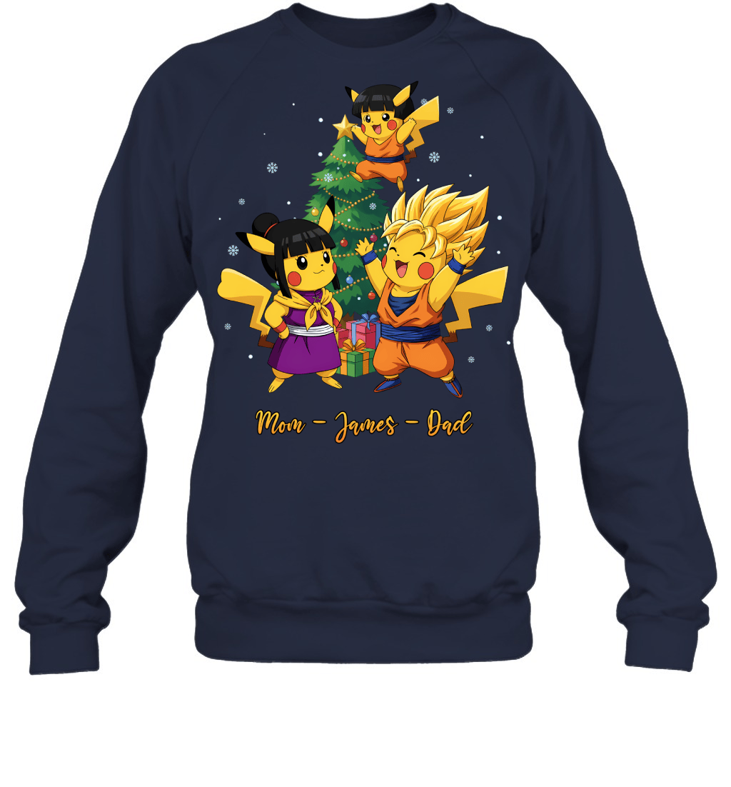 Pikachu x Son Goku Parents & Son Custom Name Christmas T-Shirt for Family