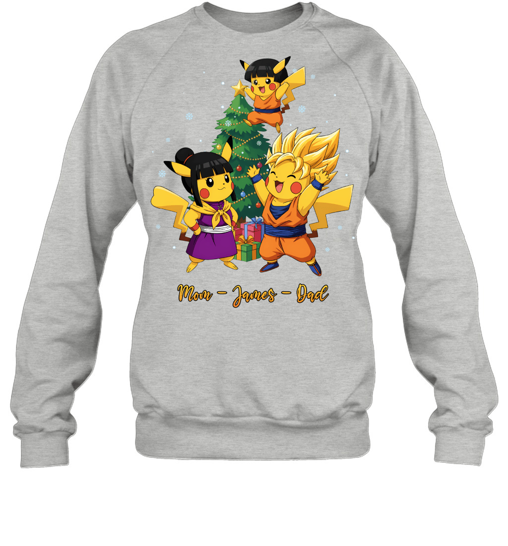 Pikachu x Son Goku Parents & Son Custom Name Christmas T-Shirt for Family
