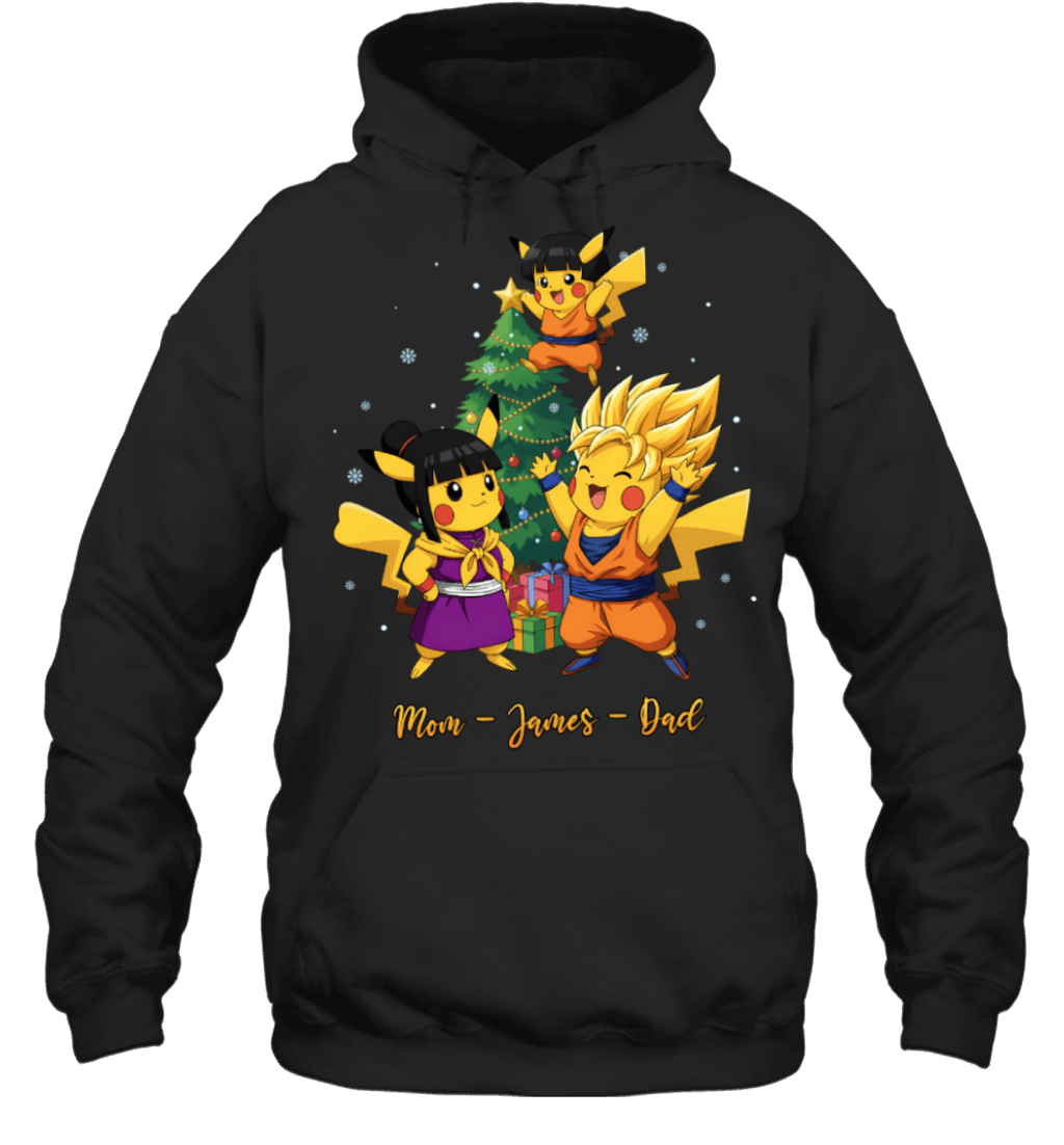 Pikachu x Son Goku Parents & Son Custom Name Christmas T-Shirt for Family
