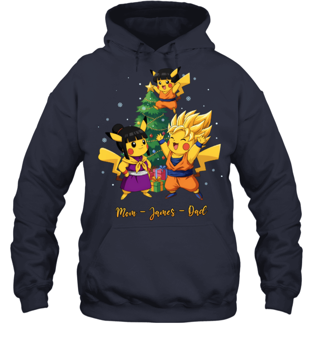 Pikachu x Son Goku Parents & Son Custom Name Christmas T-Shirt for Family