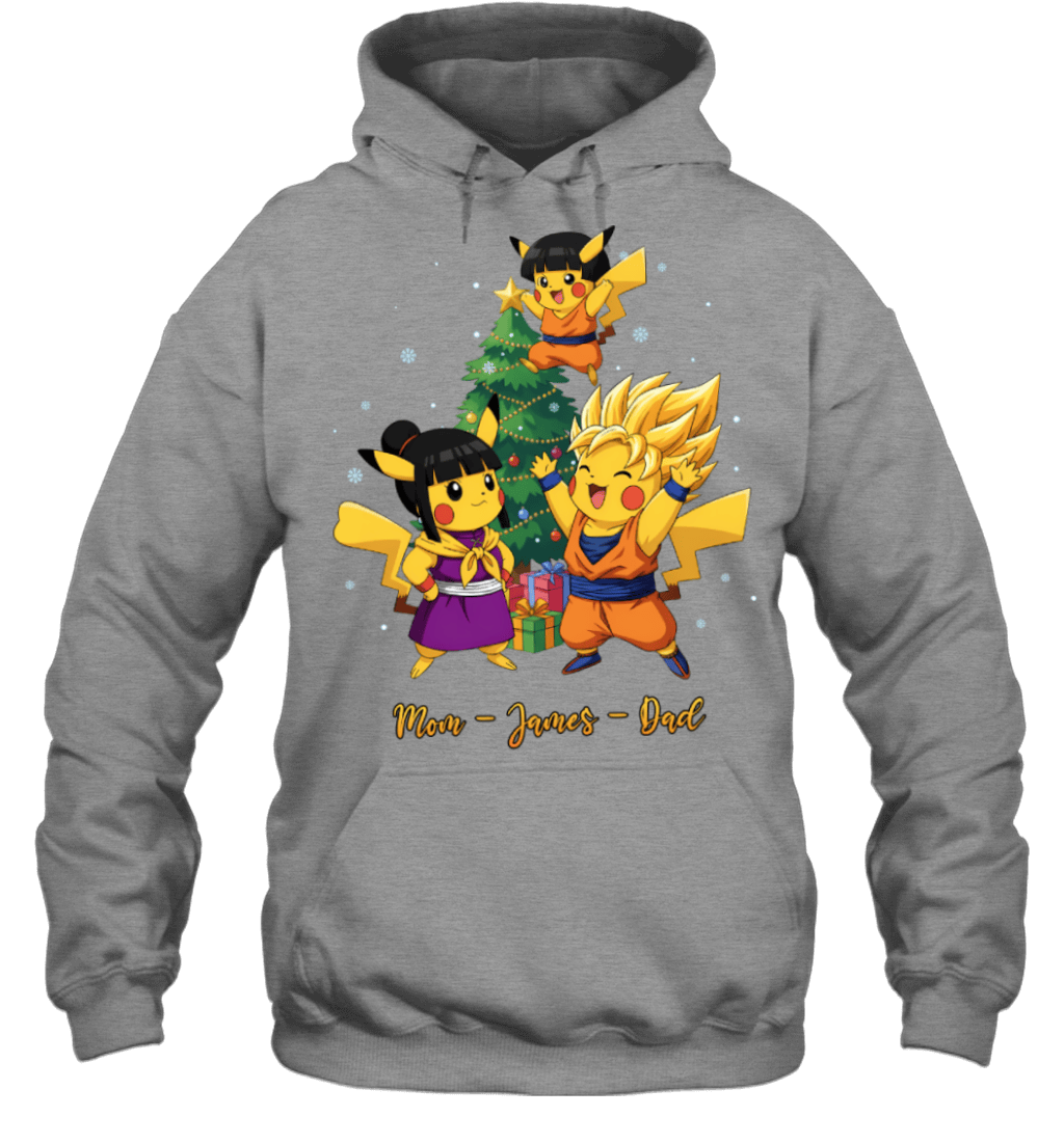 Pikachu x Son Goku Parents & Son Custom Name Christmas T-Shirt for Family