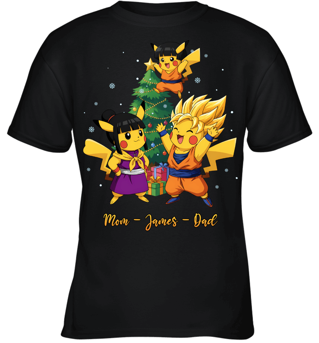 Pikachu x Son Goku Parents & Son Custom Name Christmas T-Shirt for Family