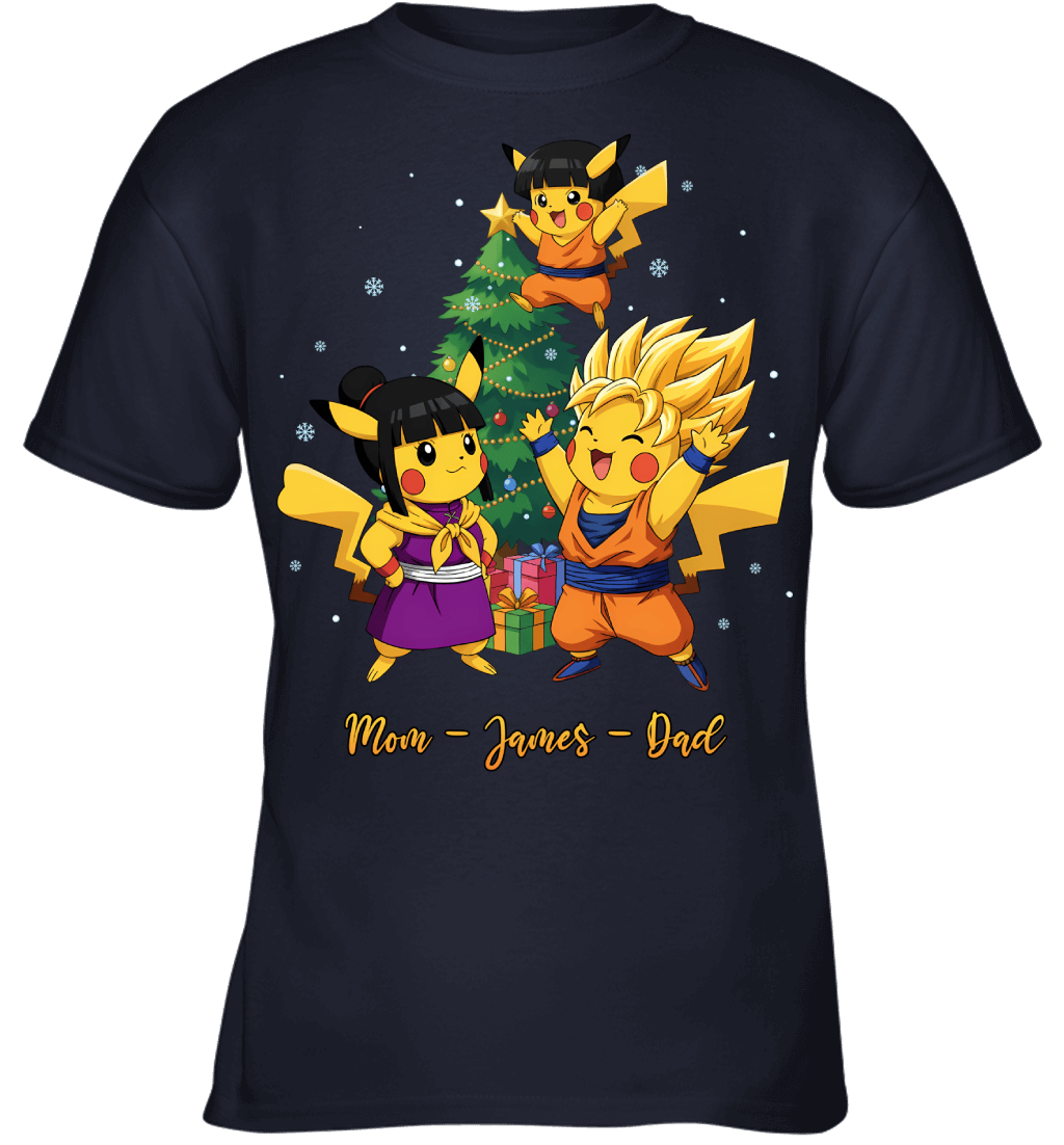 Pikachu x Son Goku Parents & Son Custom Name Christmas T-Shirt for Family