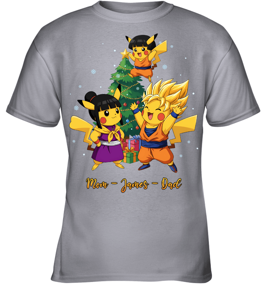 Pikachu x Son Goku Parents & Son Custom Name Christmas T-Shirt for Family