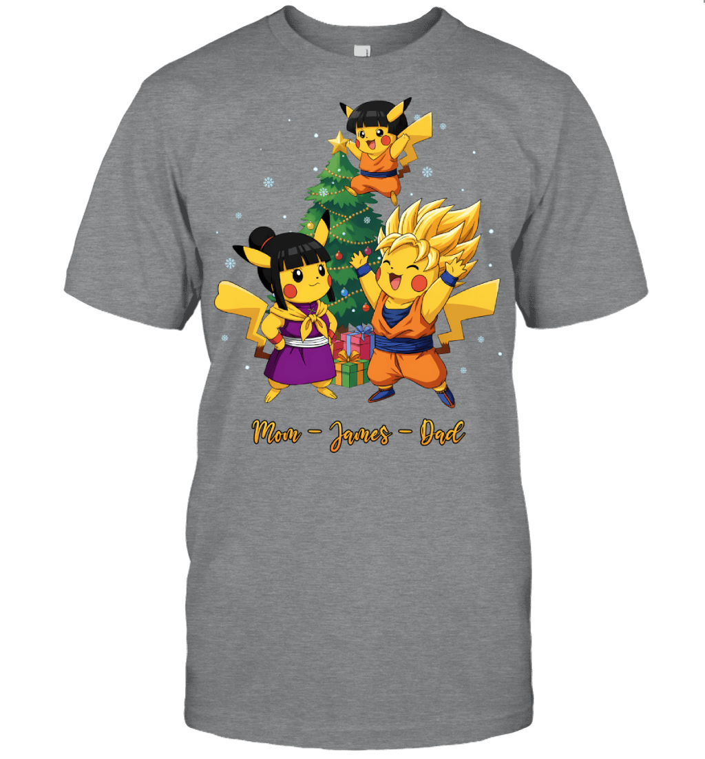 Pikachu x Son Goku Parents & Son Custom Name Christmas T-Shirt for Family