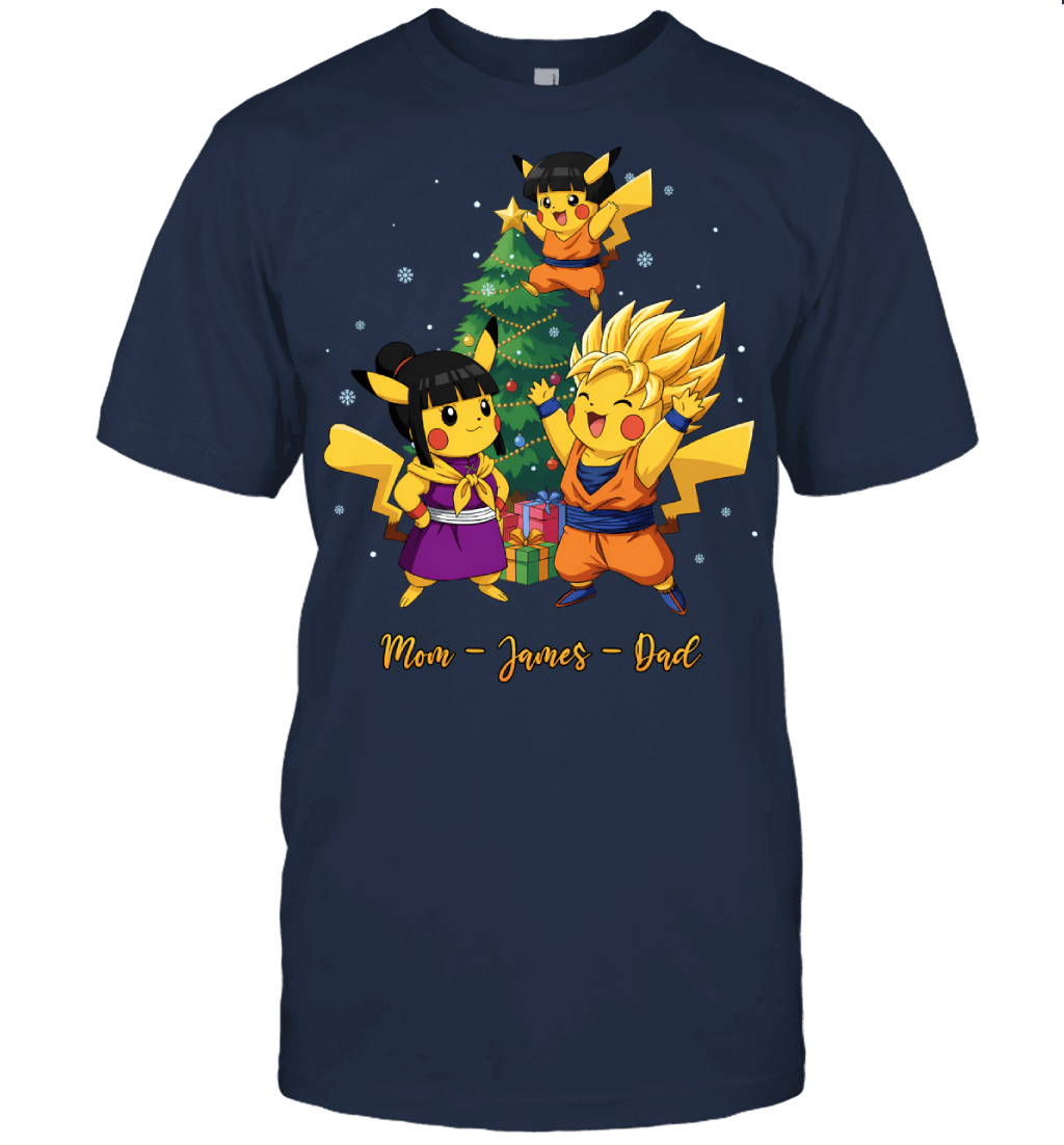 Pikachu x Son Goku Parents & Son Custom Name Christmas T-Shirt for Family