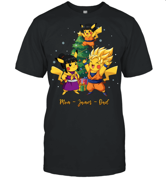 Pikachu x Son Goku Parents & Son Custom Name Christmas T-Shirt for Family