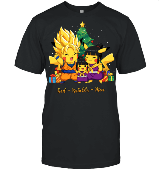 Pikachu x Son Goku Parents & Daughter Custom Name Christmas T-Shirt for Family