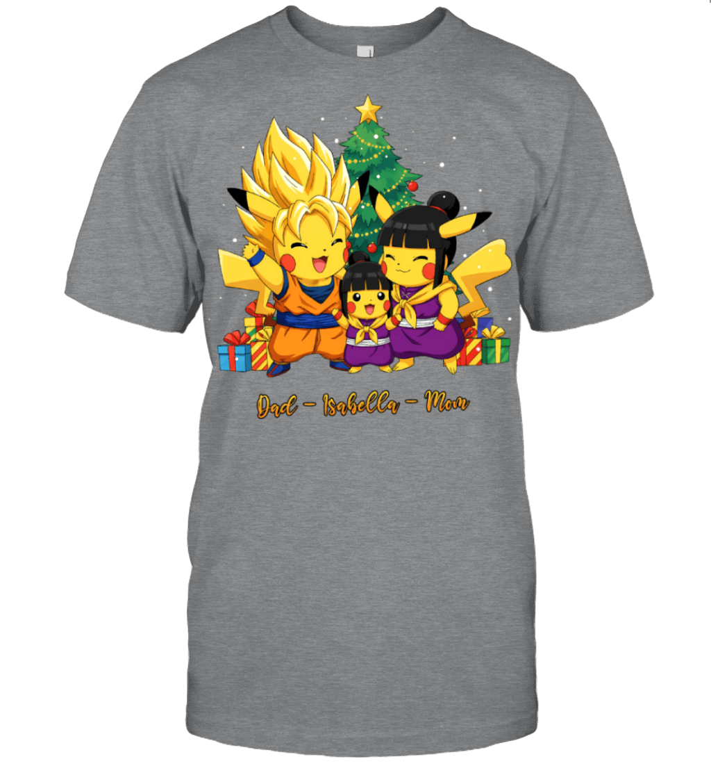 Pikachu x Son Goku Parents & Daughter Custom Name Christmas T-Shirt for Family