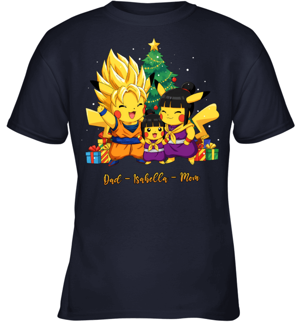 Pikachu x Son Goku Parents & Daughter Custom Name Christmas T-Shirt for Family