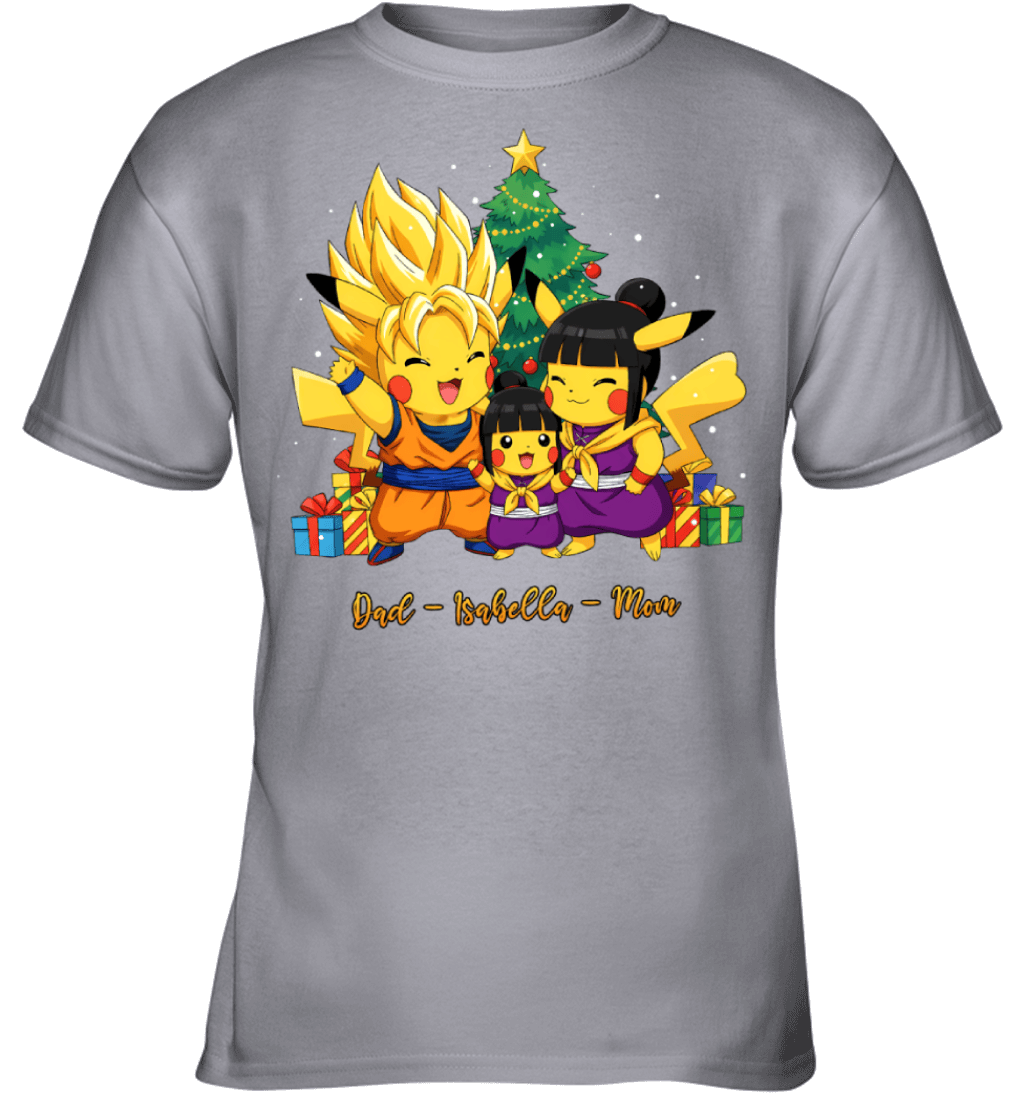 Pikachu x Son Goku Parents & Daughter Custom Name Christmas T-Shirt for Family