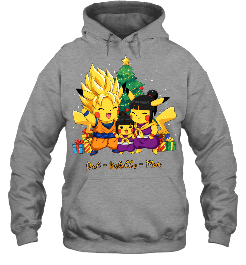 Pikachu x Son Goku Parents & Daughter Custom Name Christmas T-Shirt for Family