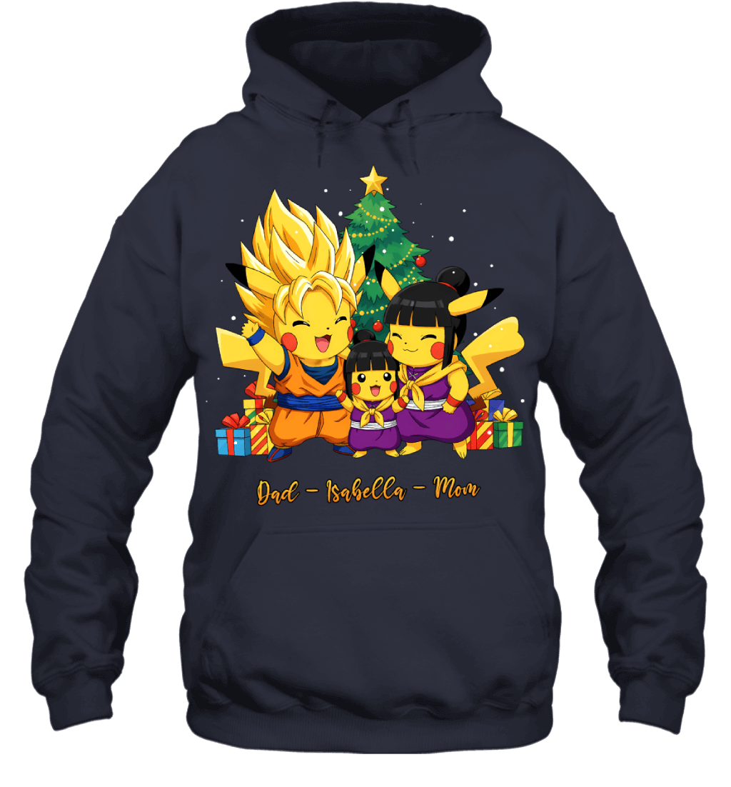 Pikachu x Son Goku Parents & Daughter Custom Name Christmas T-Shirt for Family