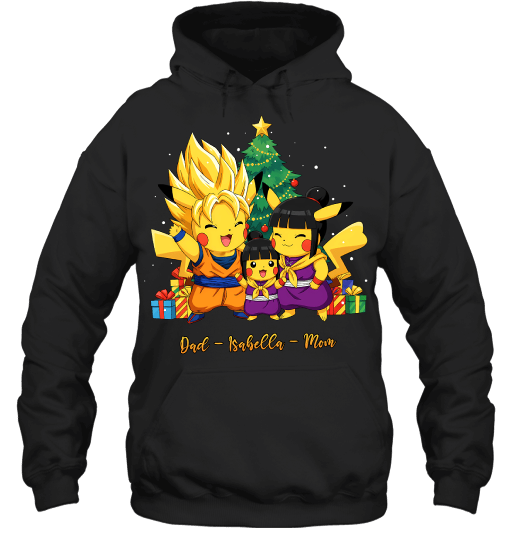 Pikachu x Son Goku Parents & Daughter Custom Name Christmas T-Shirt for Family