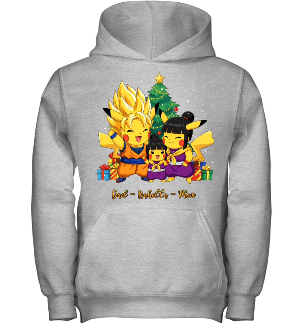 Pikachu x Son Goku Parents & Daughter Custom Name Christmas T-Shirt for Family