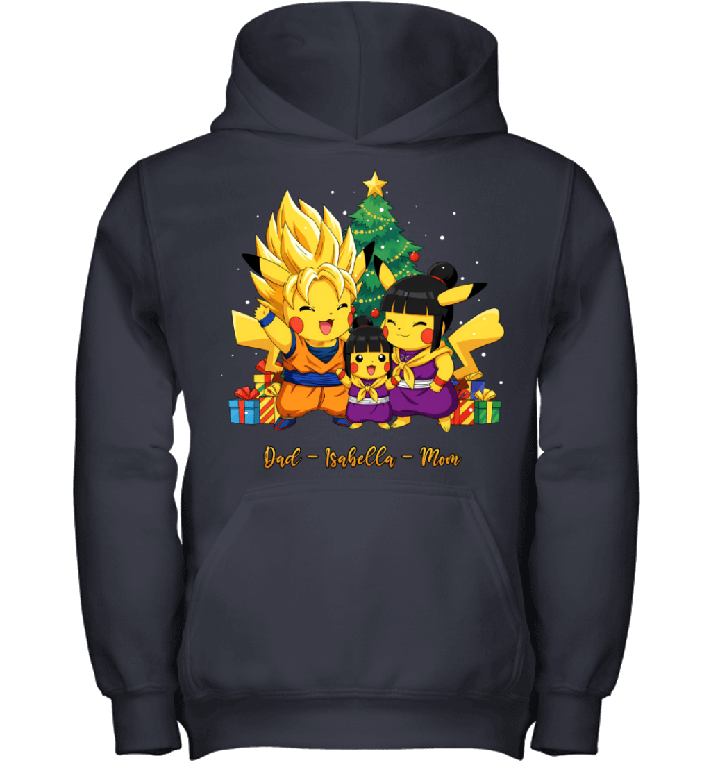 Pikachu x Son Goku Parents & Daughter Custom Name Christmas T-Shirt for Family