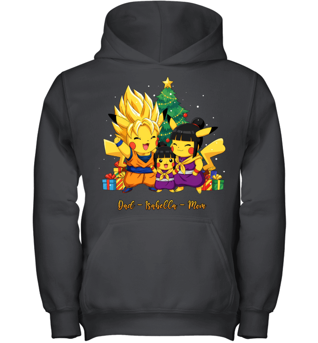 Pikachu x Son Goku Parents & Daughter Custom Name Christmas T-Shirt for Family