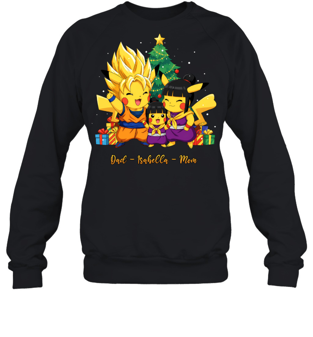 Pikachu x Son Goku Parents & Daughter Custom Name Christmas T-Shirt for Family